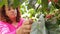 Hispanic woman happily harvesting coffee beans in a farm