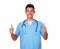Hispanic young nurse gesturing positive sign