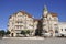 Historic Black Eagle Palace entrance from Union Square of Oradea City in Romania.