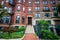 Historic brick buildings and gardens in Back Bay, Boston, Massachusetts.