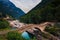 Historic bridge called Ponte dei Salti in the village of Lavertezzo, Switzerland