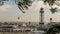 historic cable car cabin, steel towers, harbor and Barcelona city, spain