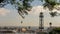 historic cable car cabin, steel towers, harbor and Barcelona city, spain