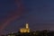 The historic center of Poppi, Arezzo, Italy, dominated by the Conti Guidi castle in the twilight light