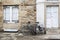 Historic center, street view, bike resting facade house.Santiago de Compostela,Spain.