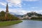 Historic Centre of the City of Salzburg and River Salzach  embankment  in Salzburg city, Austria.