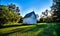 Historic chapel building with sunset