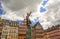 Historic city center of Frankfurt and statue of Justitia holding sword and scales