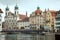 Historic city center of Luzern, church and Reuss river, Switzerland