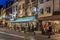 Historic city Honfleur with people at terraces in the evening