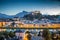 Historic city of Salzburg with Hohensalzburg Fortress at dusk, Salzburger Land, Austria