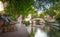 Historic downtown San Antonio river walk with bridge.