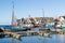 Historic Dutch harbor of Urk with lighthouse and old shipyard