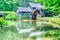 Historic Edwin B. Mabry Grist Mill (Mabry Mill) in rural Virginia on Blue Ridge Parkway and reflection on pond in summer