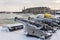 Historic guns on the pier at the Flight Harbor Museum in Tallinn in winter. Estonia