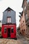 Historic half-timbered buildings at narrow picturesque back street, Honfleur, Normandy, France