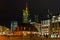 Historic Hauptwache in front of the Commerzbank Tower in Frankfurt, Germany, at night