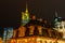 Historic Hauptwache in front of the Commerzbank Tower in Frankfurt, Germany, at night