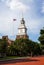 The historic Henry Ford Museum, the clock tower with blue sky