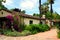 Historic house with Adobe roof, palm trees and bougainvillea bush