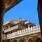 Historic Jain temple exterior architecture in Ranakpur, Rajasthan, India