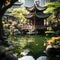 Historic Japanese temple and garden in feudal japan