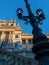 Historic lantern in front of historical building of national museum in Prague