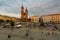 Historic main square and St. Mary gothic church in the old town of Krakow Poland at sunset. Aerial view