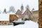 Historic, medieval half-timbered houses and old tower in Bad Wimpfen, Germany. Winter photo.