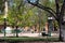 Historic obelisk surrouonded by trees on the Plaza in Santa Fe, New Mexico, USA