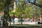 Historic obelisk surrouonded by trees on the Plaza in Santa Fe, New Mexico, USA