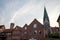 Historic old red brick buildings and church steeple in Lunenburg