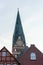 Historic old red brick buildings and church steeple in Lunenburg