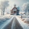 Historic Red Schoolhouse Winter Snowstorm Vintage Retro Building Steeple Exterior AI Generate