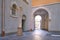 Historic restored inner yard with arched entrance. Vecriga area of Old Riga, Latvia.