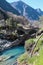 Historic Romain Bridge, over the Verzasca River, in Lavertezzo.