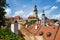 Historic roofs and Cesky Krumlov Castle.