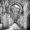 Historic ruins of abandoned abbey in black and white