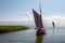 Historic sailboat with a brown sail and a second sailboat in the background leaves the shore and r drives past the reeds to the op