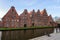 The historic salt storehouses at the upper Trave river in Lubeck in Sleswig-Holstein in Germany.