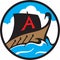 Historic ship vector logo or icon design with oars and sail.