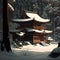 Historic shrine or temple in Japan under snow in winter. Imaginary location in the forest. AI generative image