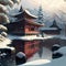 Historic shrine or temple in Japan under snow in winter with reflection in pond. Imaginary location in forest. AI generative image