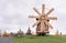 Historic site of wooden church and windmill of Kizhi Island, Republic of Karelia, Russia. Moody autumn landscape