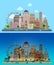 Historic skyscrapers in flat vector day and night city set