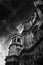 Historic Spanish cathedral showcasing religious architecture, in grayscale