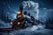 Historic steam locomotive. Old vintage black train ride in the snowy forest in north pole.