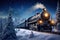 Historic steam locomotive. Old vintage black train ride in the snowy forest in north pole.