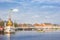 Historic steamship Prince Henry and modern bridge in the harbor of Leer