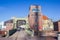 Historic steel bridge with brick tower in Bremerhaven